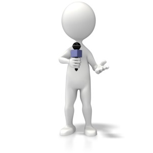 A television reporter holds a microphone in this concept of news reporting or broadcasting.