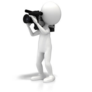 A stick figure reporter or cameraman hold a videocamera and records the news.