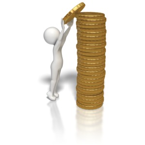 A stick figure reaches as it places a gold coin on a tall stack.