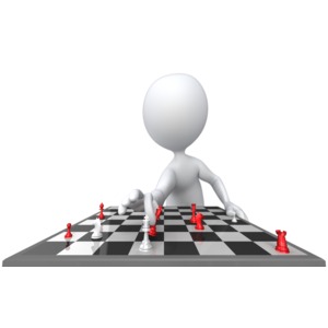 A stick figure moves a king chess piece to claim victory in a chess game.