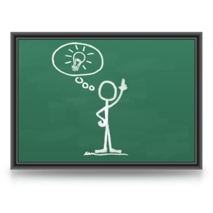 An image of a chalk stick figure with a light bulb above head, symbolizing an idea.
