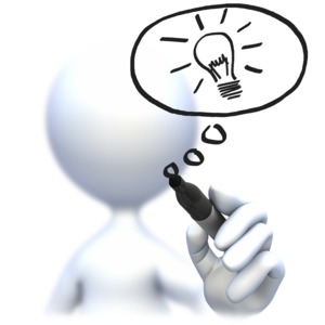 An image of a stick figure drawing a light bulb with pen.