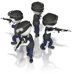 Four police swat team stick figures assemble in a diamond formation.