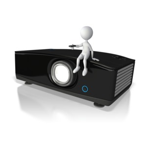 A stick figure sits upon a black projector holding a remote.
