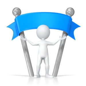 A stick figure stands with arms out under a banner ribbon sign on poles.