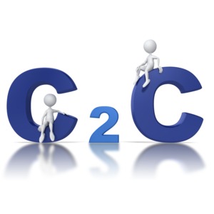 This clip art shows two stick figures sitting on the text initials C2C which stands for customer to customer business.