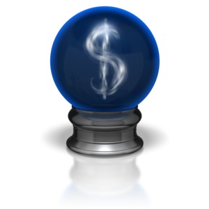 A crystal ball contains mist in the form of a dollar symbol.