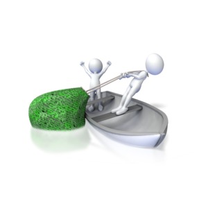 Two stick figures on a small boat pull in a huge net full of dollar signs.