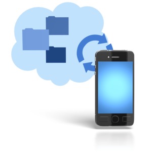 A digital device syncs its data to the cloud. This clip-art can represent syncing, restoring, and backing-up information to a remote source.