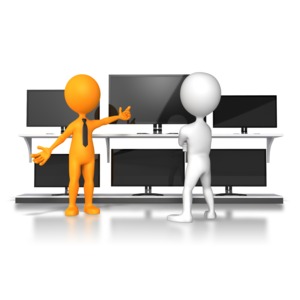 A business figure sells store merchandise to a consumer.  