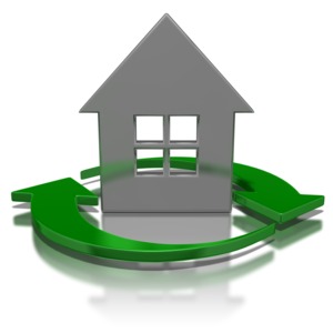 Two green arrow circle a house symbol. This clip-art can represent many things, such as a re-occurring debt.