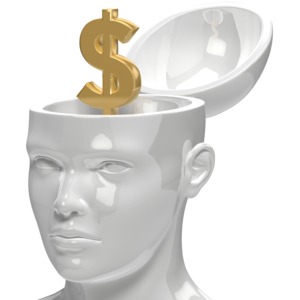 An open head contains a dollar symbol. This clip-art can represent someone thinking about money matters.