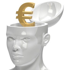An open head contains a euro symbol. This clip-art can represent someone thinking about money matters.