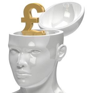 An open head contains a pound symbol. This clip-art can represent someone thinking about money matters.