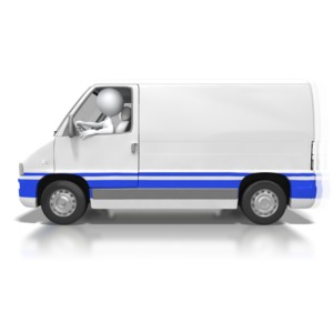 A stick figure drives a cargo van.