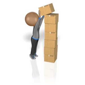 A stick figure reaches to place a box on top of a tall stack.