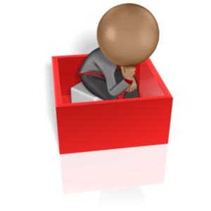 A stick figure sits inside a box thinking. This clip-art can represent someone who doesn&#039;t think outside the box.