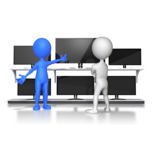 A business figure sells TVs to a consumer.  