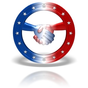 A red, white and blue symbol with two hands meeting in the middle to shake. This clip-art represents bipartisanship in America.