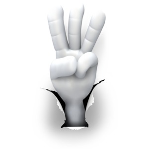 An image of a hand displaying a number three having broken through paper.