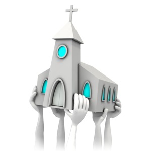 A bunch of hand lift up a church in this concept of stewardship or a community supporting a church.