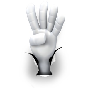 An image of a hand displaying four fingers breaking through paper.