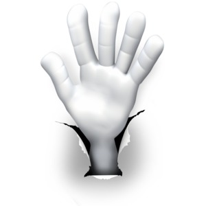 An image of a hand displaying number five having broken through paper.