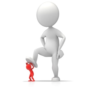 A large figure threatens to squash a little figure by stepping on them.  A concept of the underdog or being threaten by something with more power or authority.