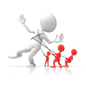 A group of little figures work together to defeat a much larger foe.  A concept of teamwork, or the ability of many people to solve a bigger problem.