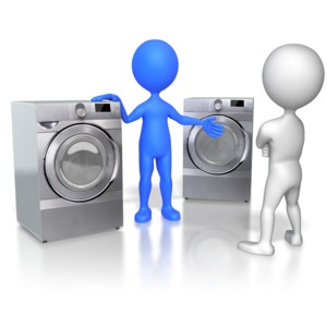 This clip art image shows a sales stick figure selling appliances to a customer.