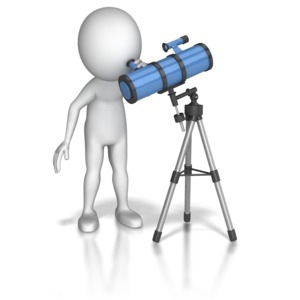 A stick figure explores the universe though a high powered telescope.