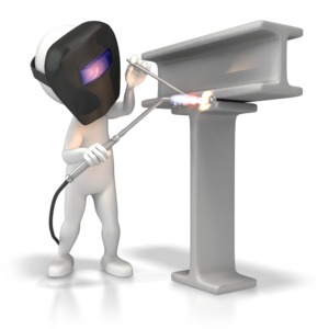 A 3D stick figure wears a protective welders mask and welds two beams together with a welding torch.