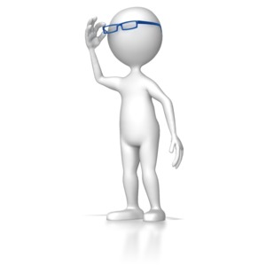 A stick figure looks though a pair of eye glasses.