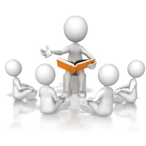 A group of children stick figures listens to a adult stick figure read out of a book.