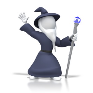 A wizard prepares to cast a spell in this 3D stick figure clipart.
