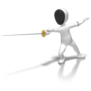A stick figure in a mask thrusts an epee as it practices fencing.