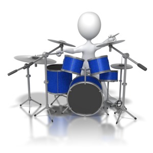 A stick figure jams out on a drum set.