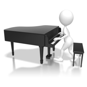 A stick figure musician jams on a grand piano.