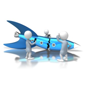 A group of rocket scientists surround a failed rocket launch and try to determine the problem in this troubleshooting concept.