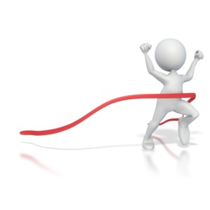 A stick figure runner finishes a race crossing through the finish line ribbon.