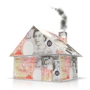 This clip art image shows a house made out of English dollar bills.  This graphic could be used in presentations about housing real estate, home owners, finance, loan, investment, debt, mortgage, and selling .