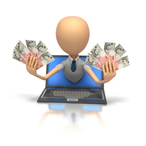 A stick figure holds two handfuls of English cash while leaning out of a laptop screen in this clip art.