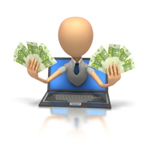 A stick figure holds two handfuls of European cash while leaning out of a laptop screen in this clip art.