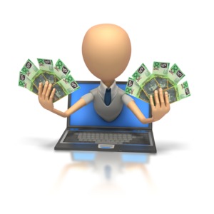 A stick figure holds two handfuls of Australian cash while leaning out of a laptop screen in this clip art.