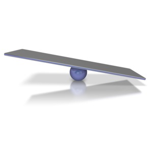 This clip art image shows a balance scale tipped to one side.