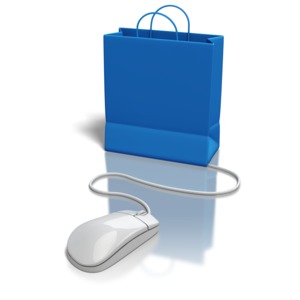 A mouse cord connects to a bag to represent online shopping.