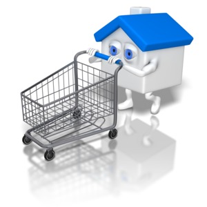 A walking house pushes a shopping cart. This clip-art can represent someone house-shopping.