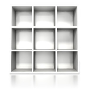 An image of a white square shelving container.