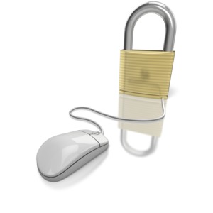 This clip art image shows a computer mouse connected into a secure locked padlock.  