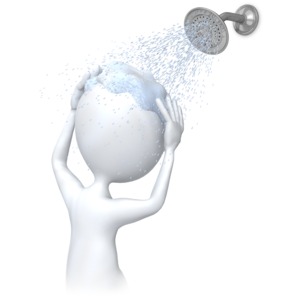 A stick figure lather its head with suds and the shower head sprays water down.